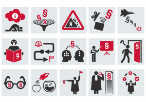 Collection d'icônes juridiques autour des concepts d'accès et de communication du Droit